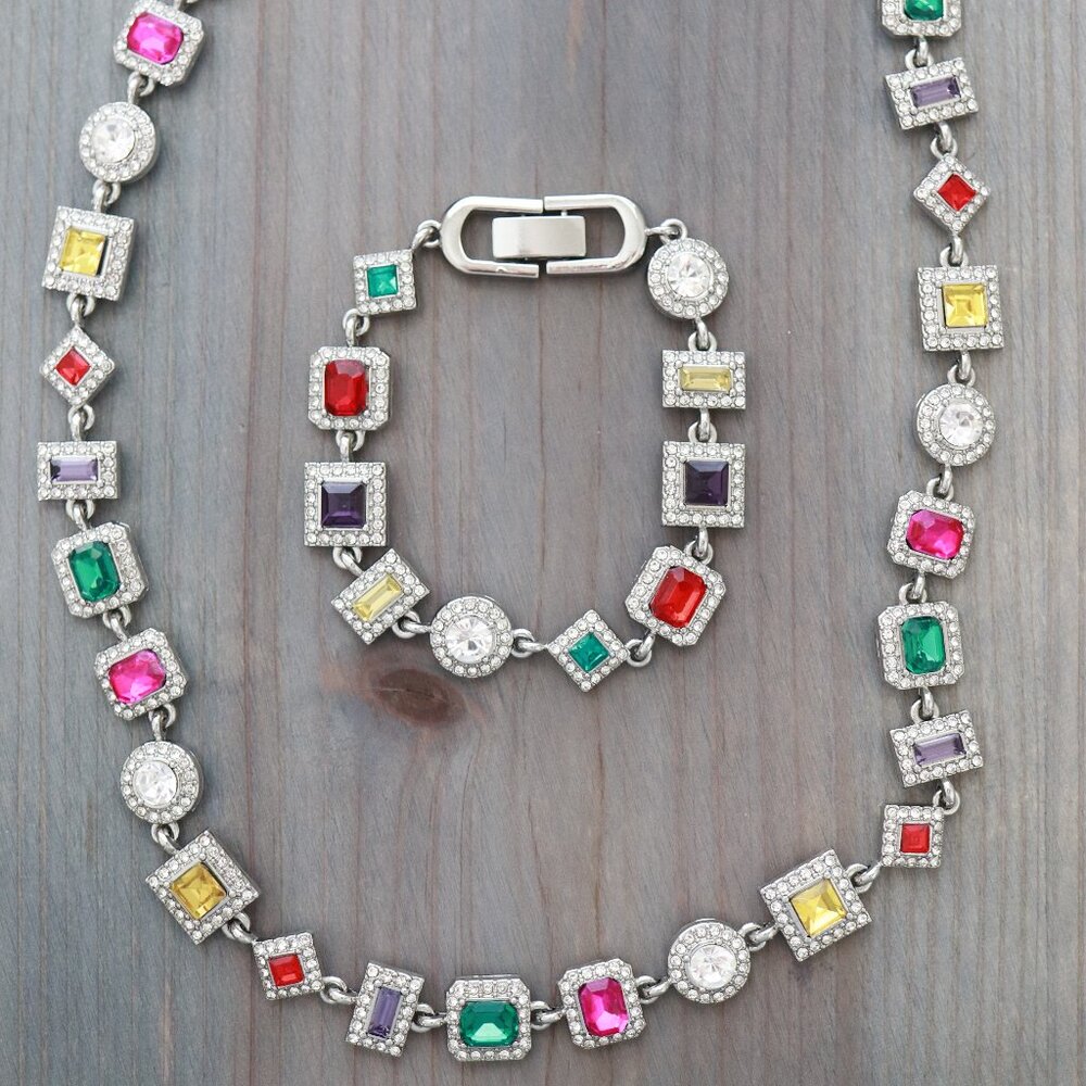 Multicolor Rhinestone Diamond Tennis Style Silver Necklace/Bracelet Jewelry Sets